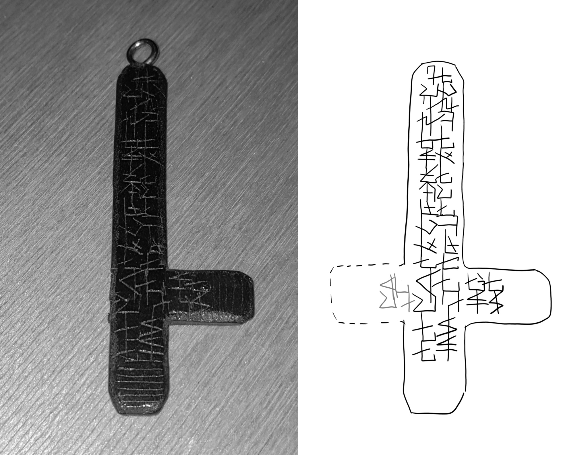 a photo of st peter's cross cut out from plastic
with some inscriptions on it, on the right side of the picture there is drawing which shows only inscriptions